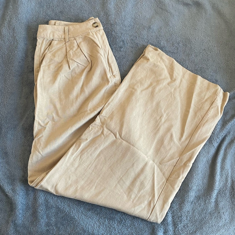 Lulus Tan Linen Blend Wide Leg Pleated Trousers High Waisted Pants Small NWT - Picture 10 of 11